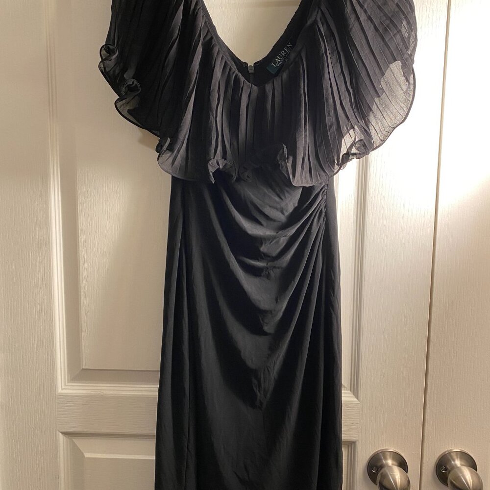 Lauren Ralph Lauren Black Accordion crepe ruffles overlay V-Back sheath dress